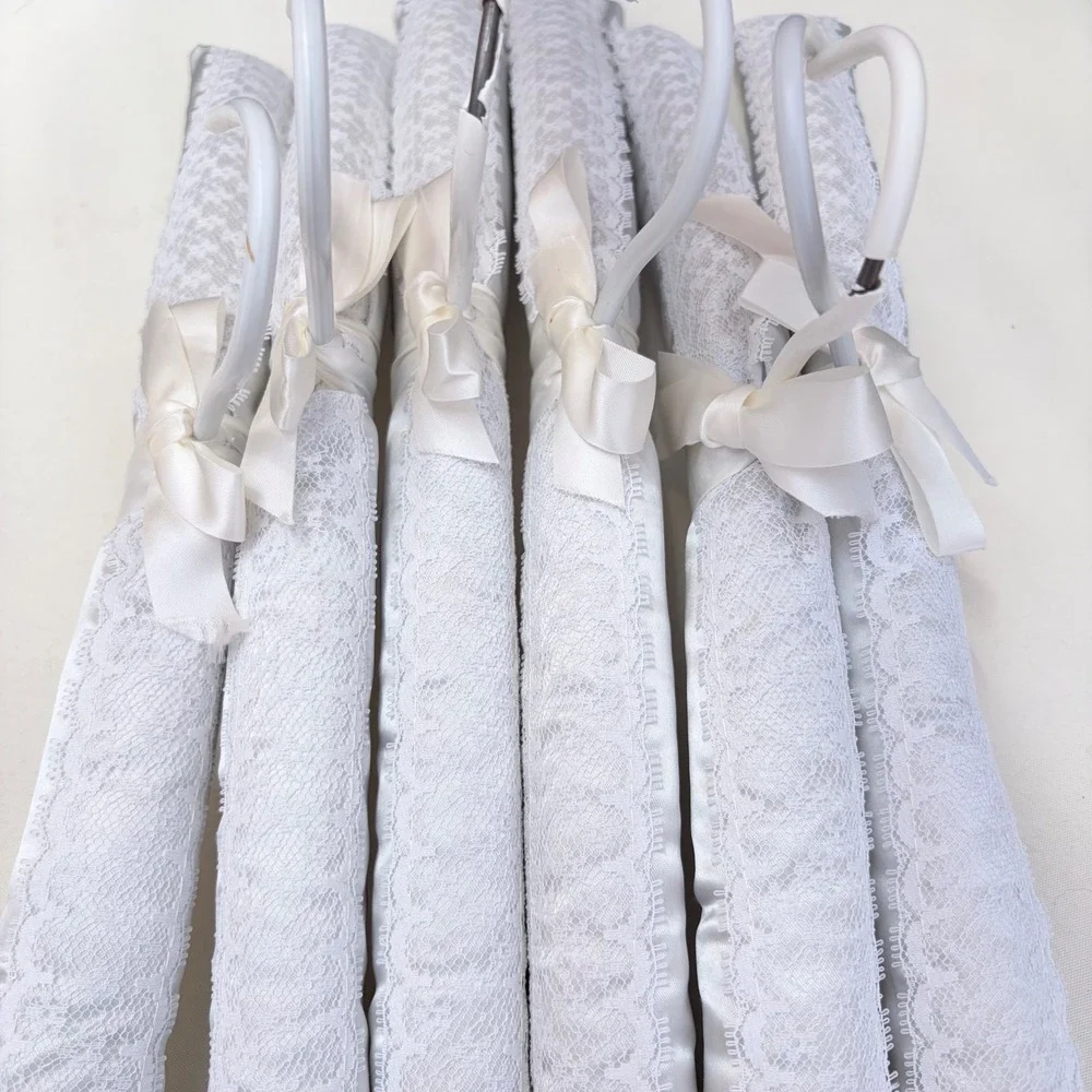 Vintage Padded Satin Hangers Set of 6 Silver Grey Lace Bow Bridal Lingerie